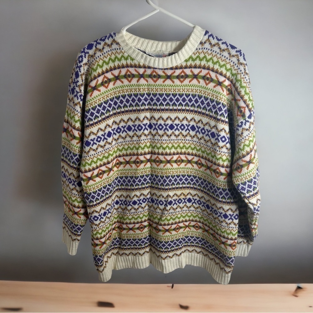Vintage Rose Knit Sweater Made in USA Large Purple Green Orange Crewneck